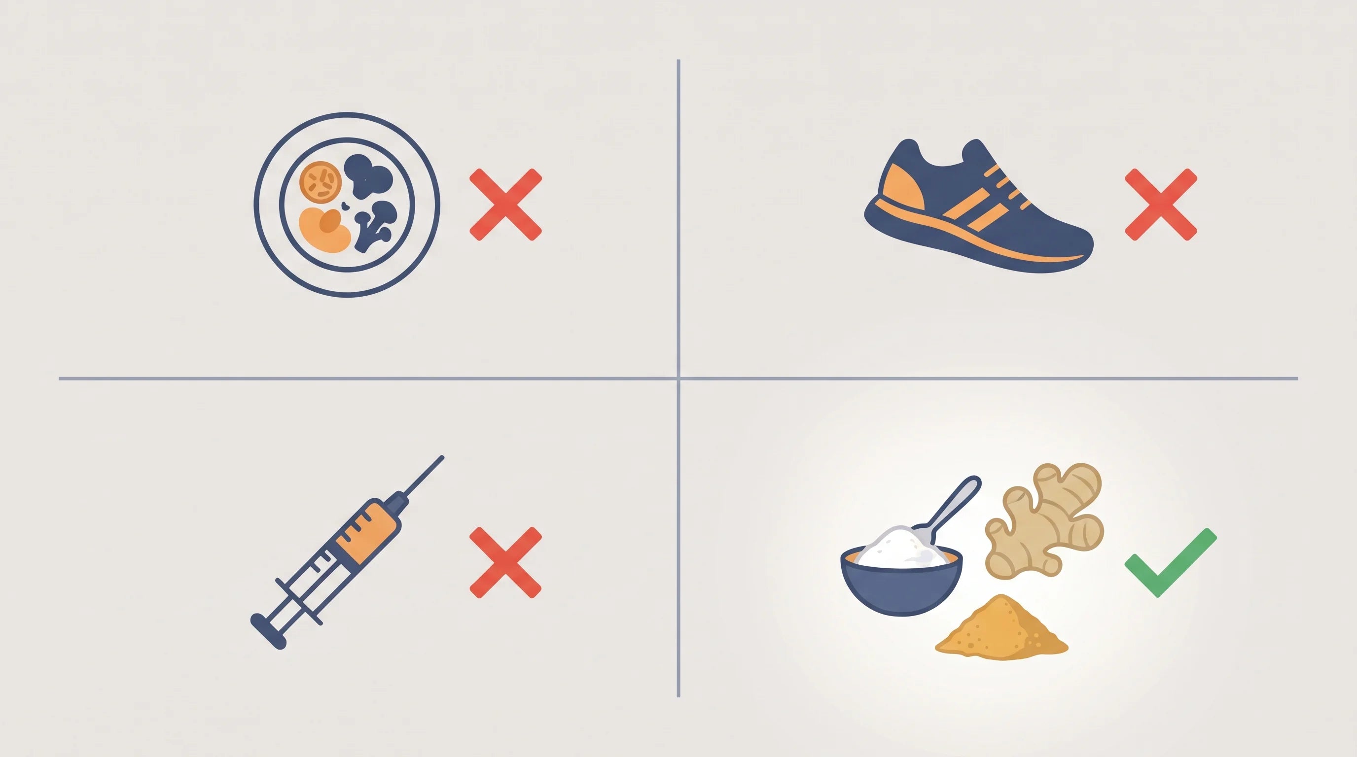 Quadrant graphic with three squares crossed out - diet plate, running shoe, syringe - and the fourth highlighted with baking soda, ginger and berberine