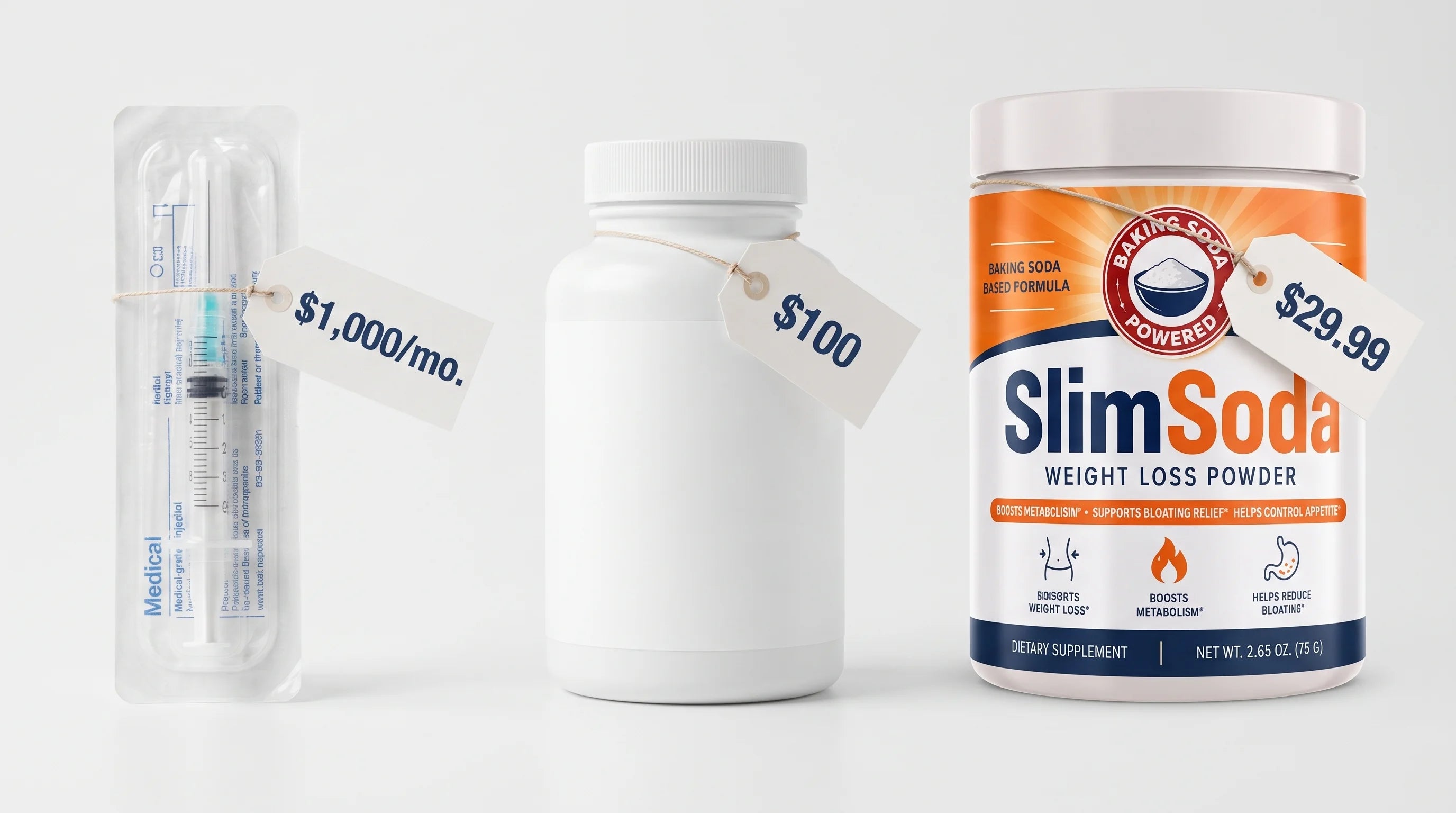 Price comparison graphic with a $1,000 per month syringe, a $100 fancy capsule bottle, and a SlimSoda tub at $19.99