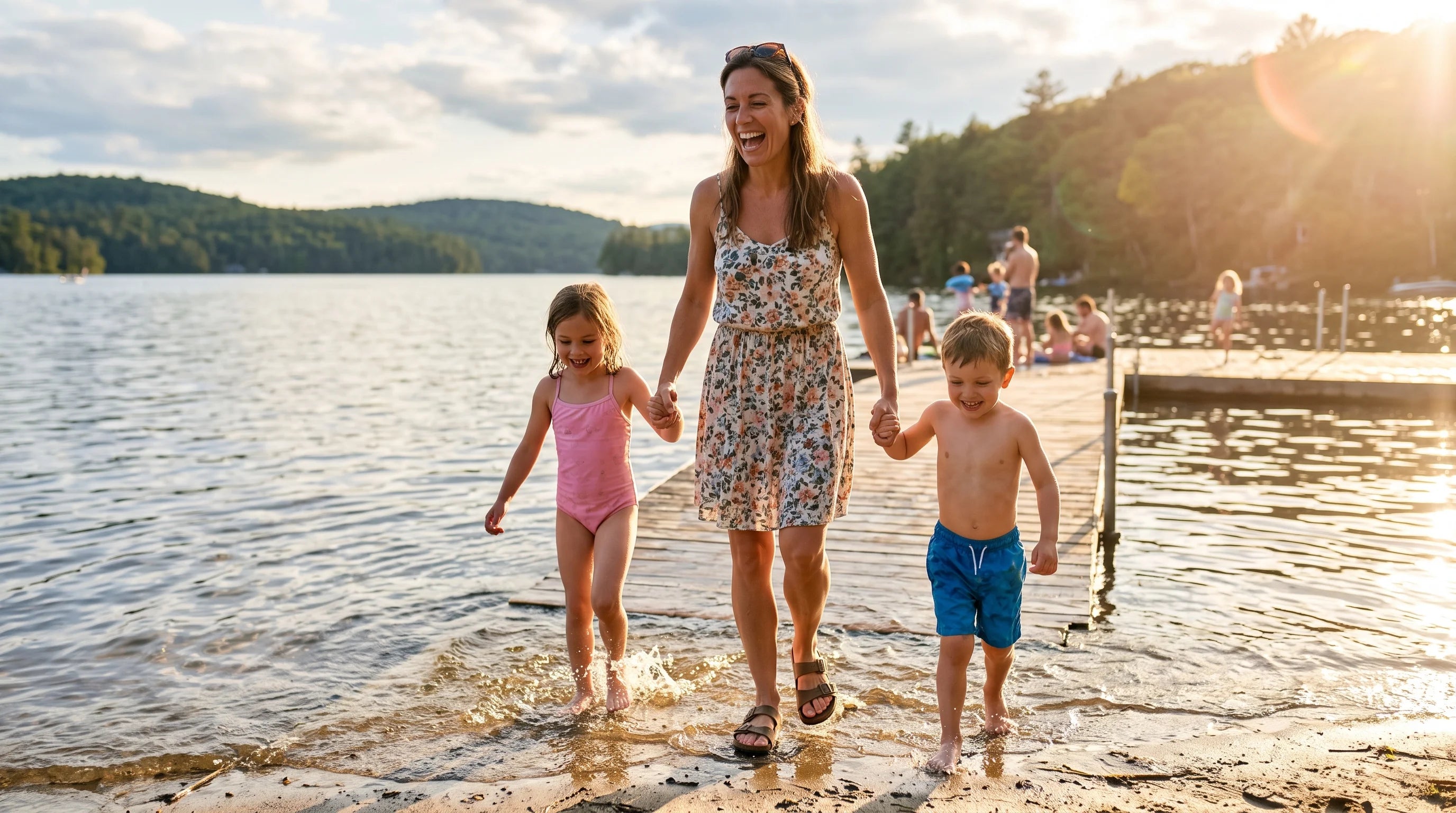 Confident woman in her 40s stepping into summer, laughing with her kids at a lake, fully present